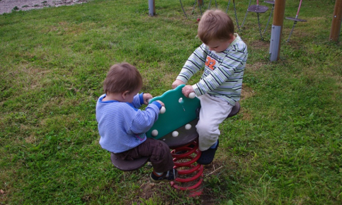 Matěj se usilovně drž&iacute; a společně s &Scaron;imonem se houpou na krokod&yacute;lovi.