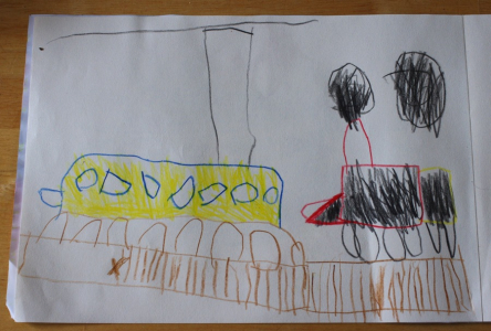 Matěj taky nakreslil lokomotivu, elektrickou. Pro Tom&aacute;&scaron;ka.